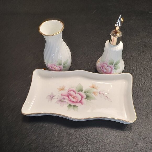 3 piece Porcelain Vanity Set (Tray, Vase, Perfume Automizer) - Picture 2 of 13